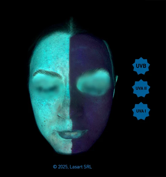 Fotografia UV che mostra la protezione solare avanzata di Melicor SPF 50 contro UVB e UVA