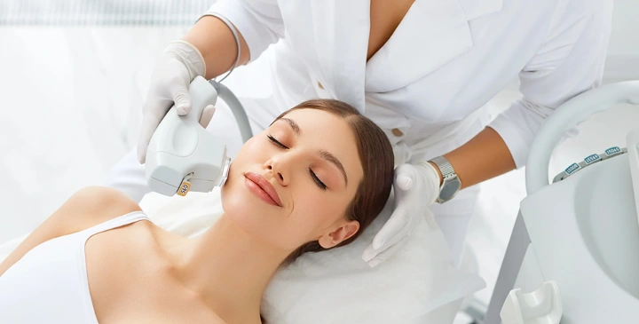 Donna durante seduta di fotoringiovanimento con tecnologia BBL per ridurre rughe, macchie e stimolare la produzione di collagene naturalmente Trattamento di fotoringiovanimento con luce pulsata per una pelle giovane e luminosa