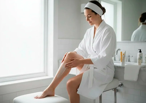 Applicazione crema lenitiva dopo epilazione laser, routine cura pelle post-procedura