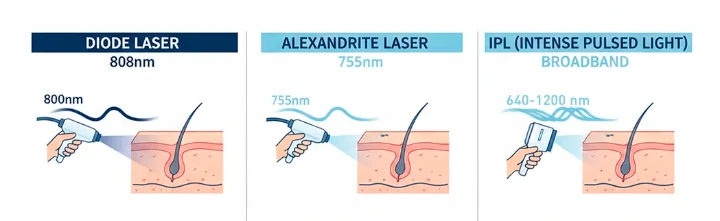 Confronto lunghezze d'onda laser diodo 808 nm, alexandrite 755 nm e IPL per epilazione