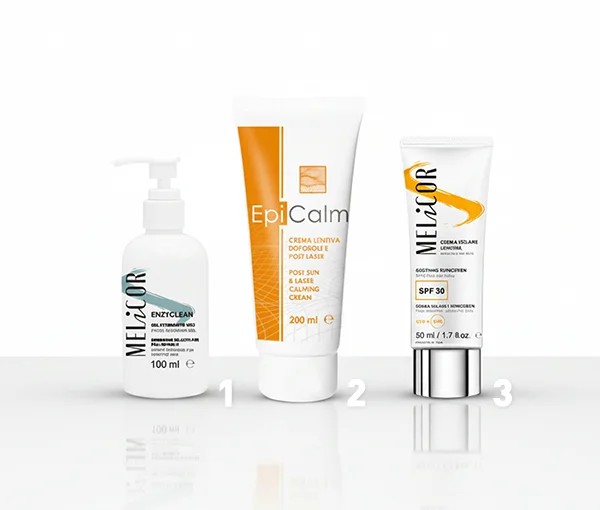 Routine post-epilazione laser: detergente delicato, crema lenitiva e protezione solare minerale SPF